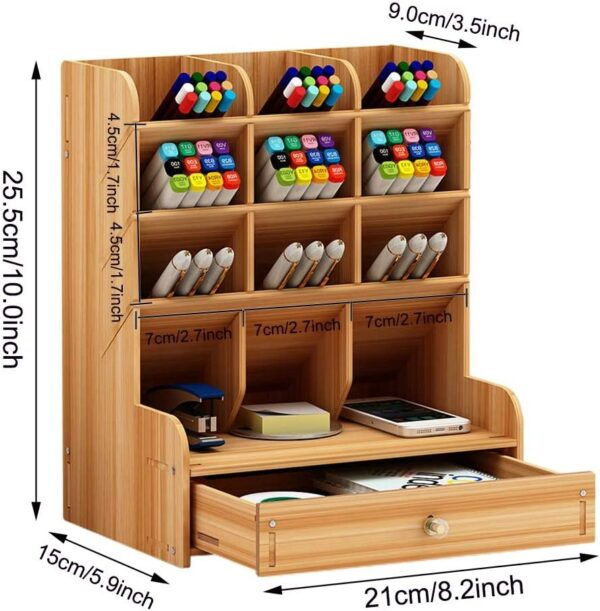 Wooden Stationery Desktop Organiser (12 Compartment) - Image 3